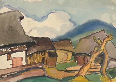 Watercolor Painting of Rural Village Scene