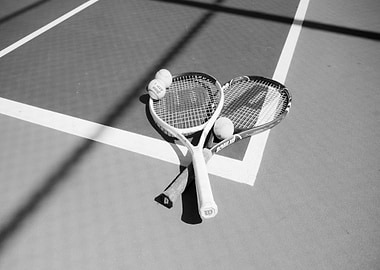 Tennis rackets and balls on court