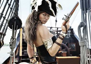 Pirate woman with a flint lock pistol on ship
