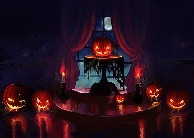 Halloween Pumpkins and Candles Still Life