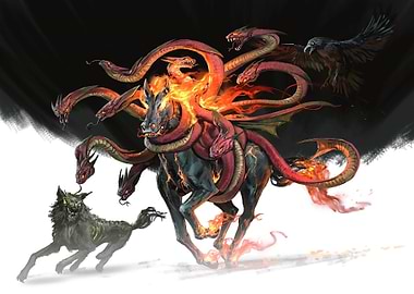 Fiery Hydra Horse with Wolf and Raven