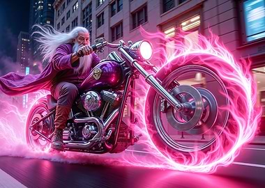 Wizard on a Motorcycle with Pink Flames