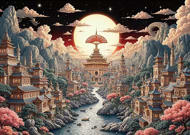 Fantasy Asian Cityscape with River
