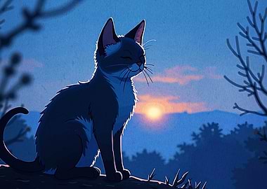Cat at Sunset Digital Art