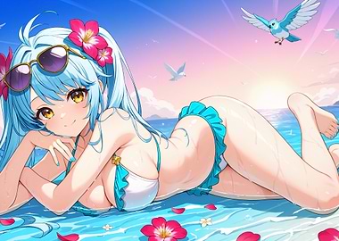Anime Girl Relaxing on Beach