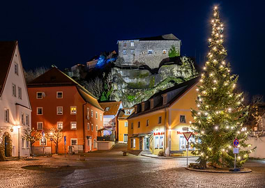 Festive European Town Square at Night
