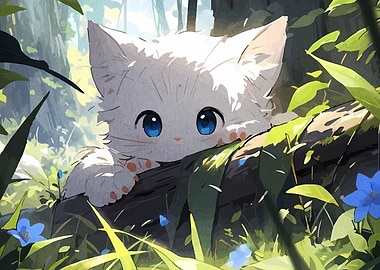 Cute Kitten in Forest Illustration