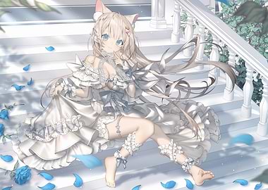 Anime Girl in White Dress on Stairs