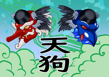 Tengu Masks: Red and Blue Illustration