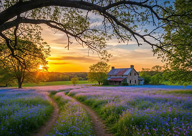 Sunset over a field of flowers