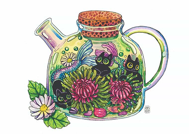 Teapot with Mermaid Cats