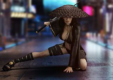 Female Warrior with Katana in Cityscape