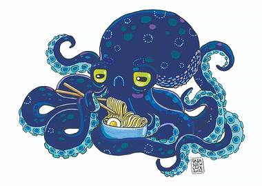 Grumpy Octopus Eating Ramen Illustration