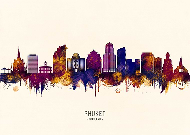 Phuket Thailand Skyline Watercolor Silhouette