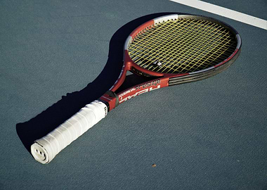 Tennis racket on a blue court