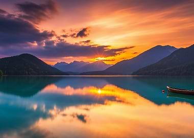 Lake Sunset with Mountains and Boat