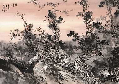 Chinese Landscape Painting with Trees and Mountains