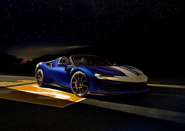 Blue Ferrari SF90 Spider at Night
