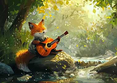 Fox playing guitar in nature