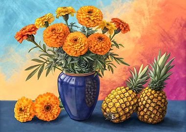 Beautiful Floral Marigolds and Pineapples Decorative Still Life Art