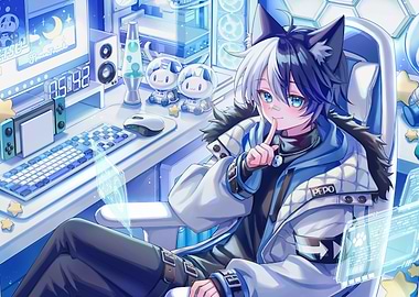 Anime Boy with Wolf Ears Gaming Setup