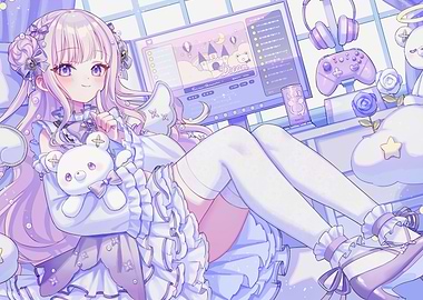 Anime Girl Gaming Setup Illustration