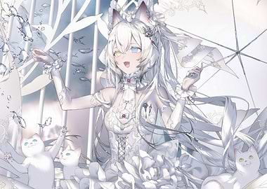 Anime Girl with Cats in White