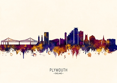 Plymouth England Skyline Watercolor Art