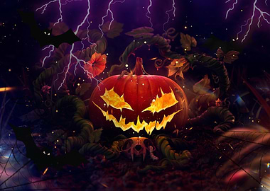 Halloween Pumpkin with Bats and Skull