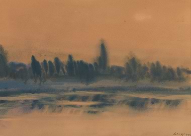 Watercolor Landscape with Trees and Water