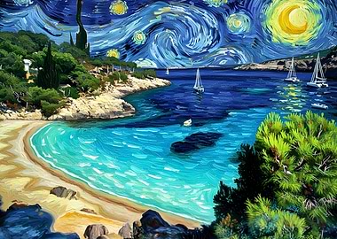 Starry Night Cala Salada Ibiza Spain Beach Landscape Painting