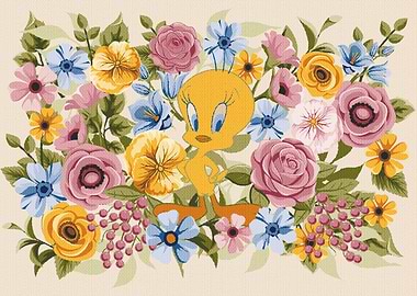 Tweety Bird Amidst Vintage Blooms