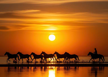 Horses Running at Sunset