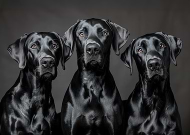 Three Black Labrador Dogs Portrait