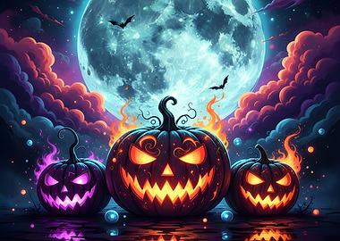Halloween Pumpkins with Moonlit Background