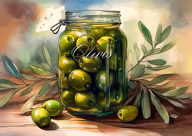 Watercolor Jar of Green Olives