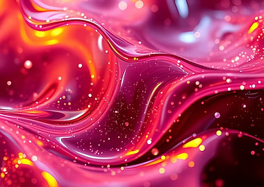Glossy Magenta Fluid Waves with Sparkling Particles