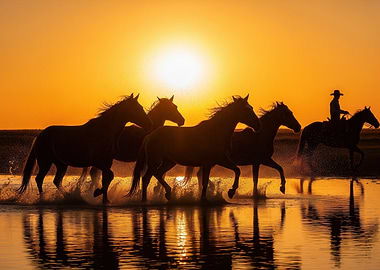 Horses Running at Sunset