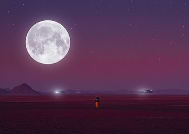 Astronaut on Mars with Full Moon