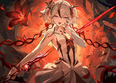 Anime Girl with Red Sword and Roses