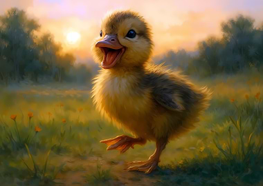 Happy Duckling in a Sunny Meadow