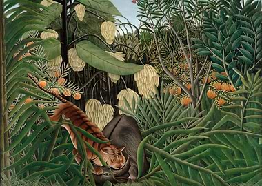 Tiger Attacking a Buffalo in Jungle, henri rousseau painting