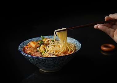 Noodle Bowl with Chopsticks on Black