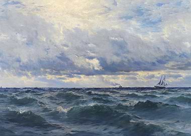 Marine Painting with Ships and Clouds