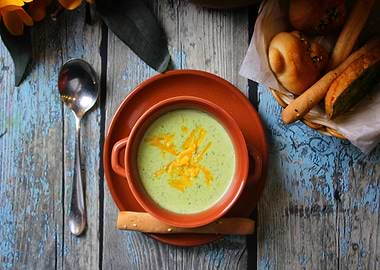 Creamy soup with breadsticks and rolls