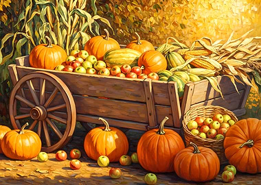 Autumn Harvest in a Wooden Cart