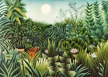 Surreal Jungle with Lion and Moon, henri rousseau painting