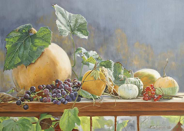 Autumn Still Life with Pumpkins and Grapes