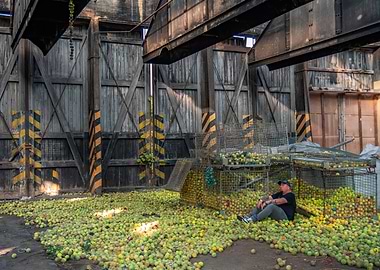 Man Surrounded by Tennis Balls