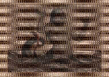 Nereid with raised arms against the backdrop of the rising sun